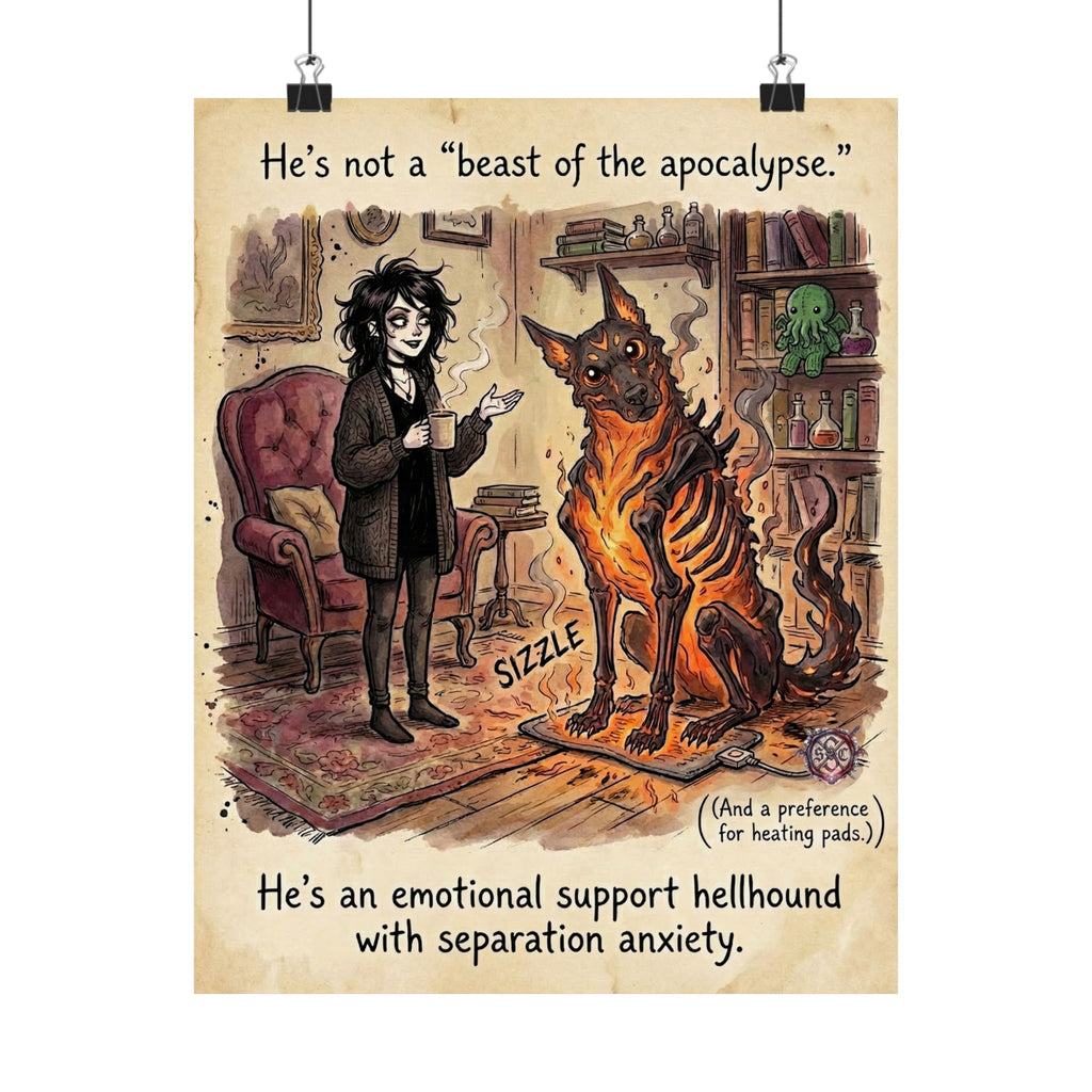 "Emotional Support Hellhound" Funny Goth Matte Poster - Spooky Pet Art & Cozy Chaos Decor