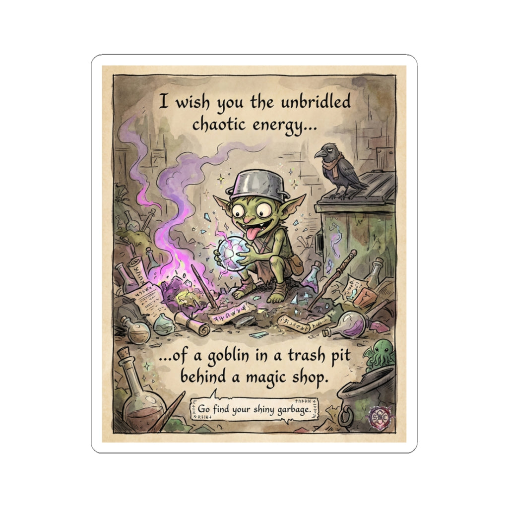 "Trash Goblin" Funny Fantasy Sticker - Chaotic Energy Vinyl Decal & Dice Goblin Gift