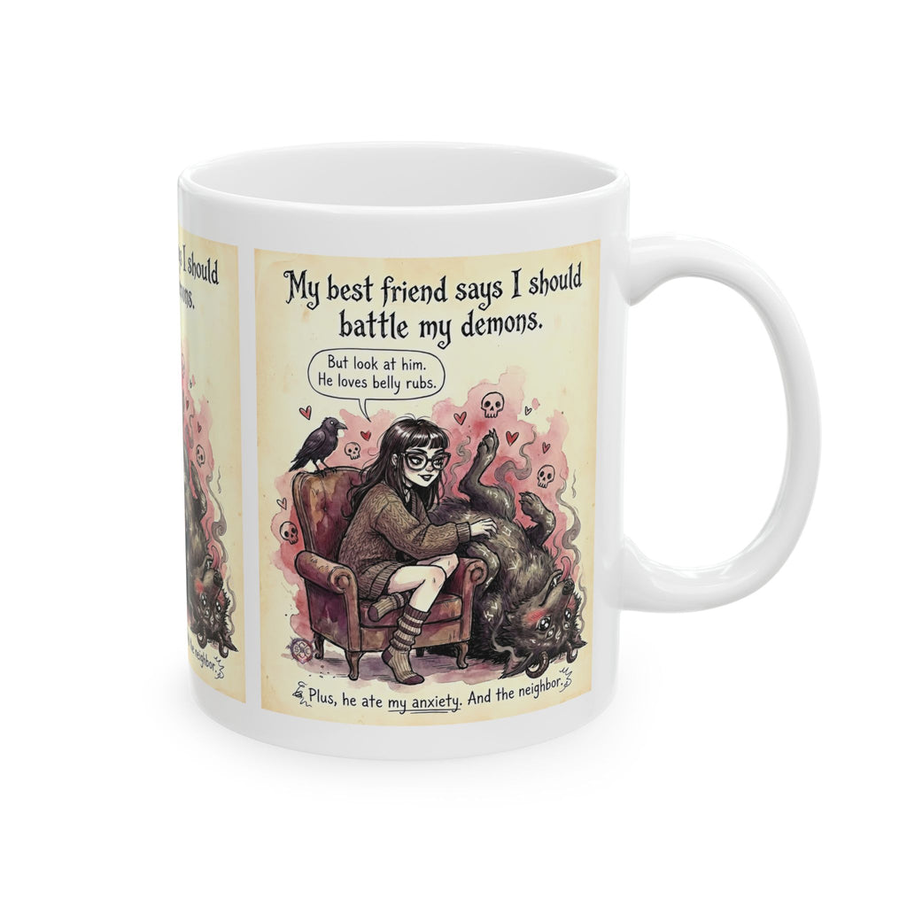 "Demon Belly Rubs" Mug - Whimsical Goth Funny Anxiety Relief Coffee Cup & Witchy Gift
