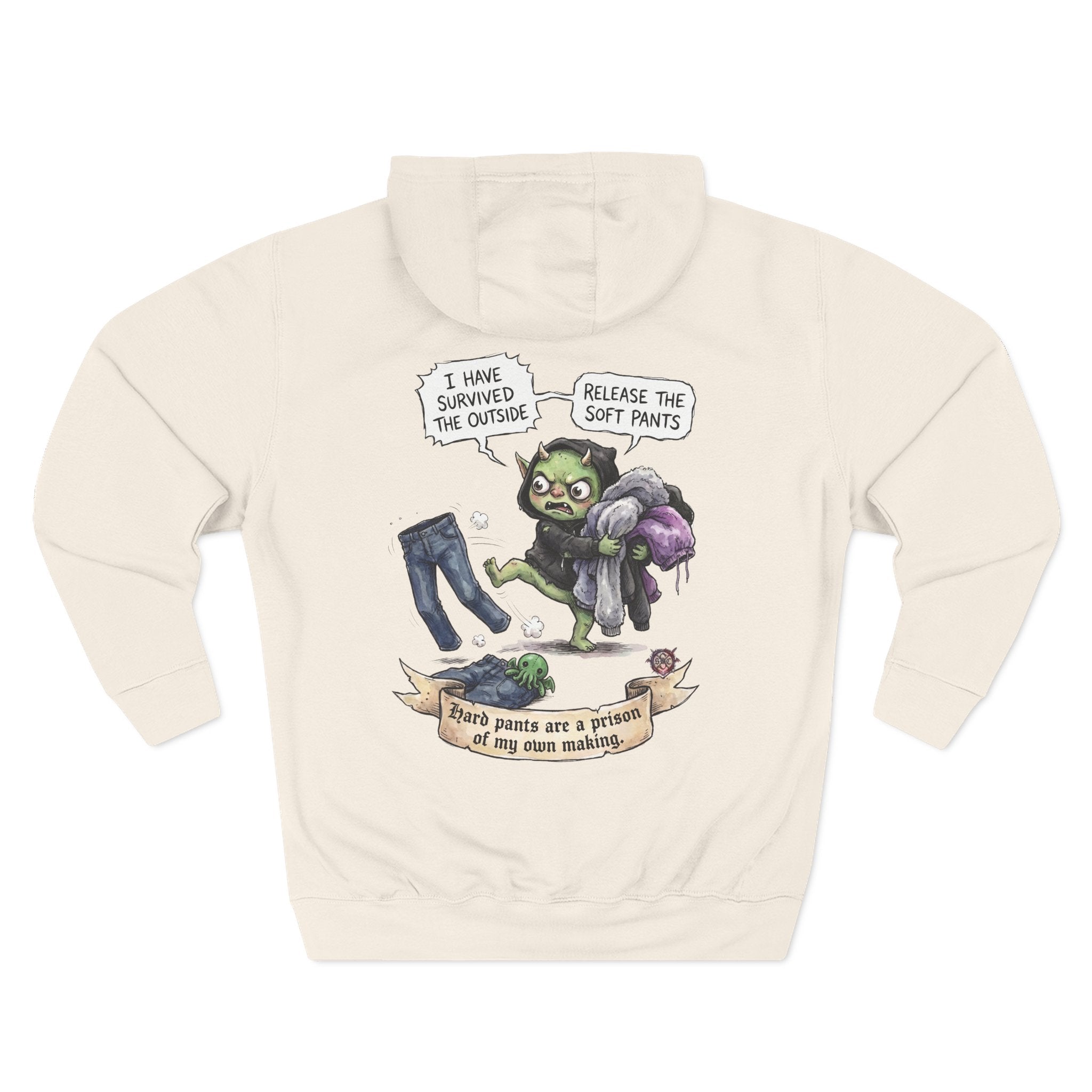 "Soft Pants" Comfortable Fleece Hoodie - Whimsical Goblin Graphic Print & Ultra-Soft Kangaroo Pocket
