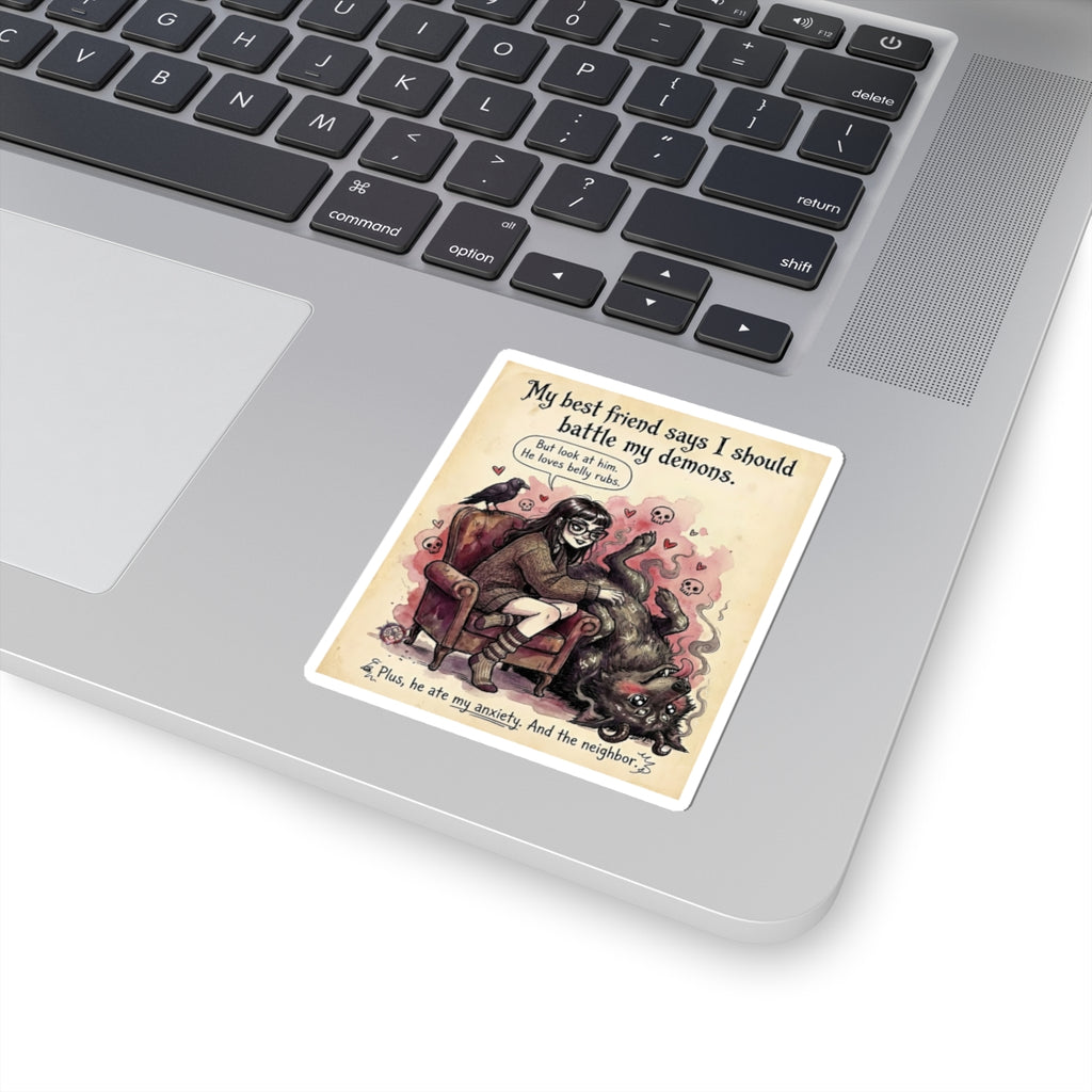 "Demon Belly Rubs" Funny Mental Health Sticker - Wholesome Horror Vinyl Decal & Anxiety Gift