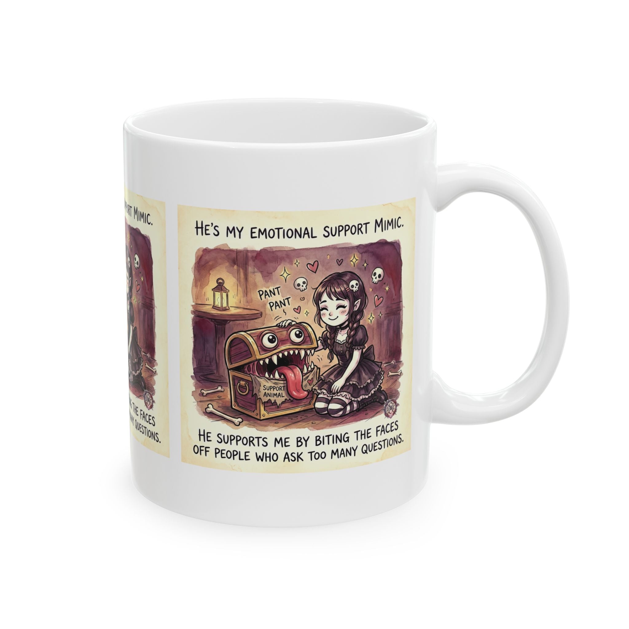 "Emotional Support Mimic" Coffee Cup - Cute Goth Aesthetic Mug & Dark Humor Gift
