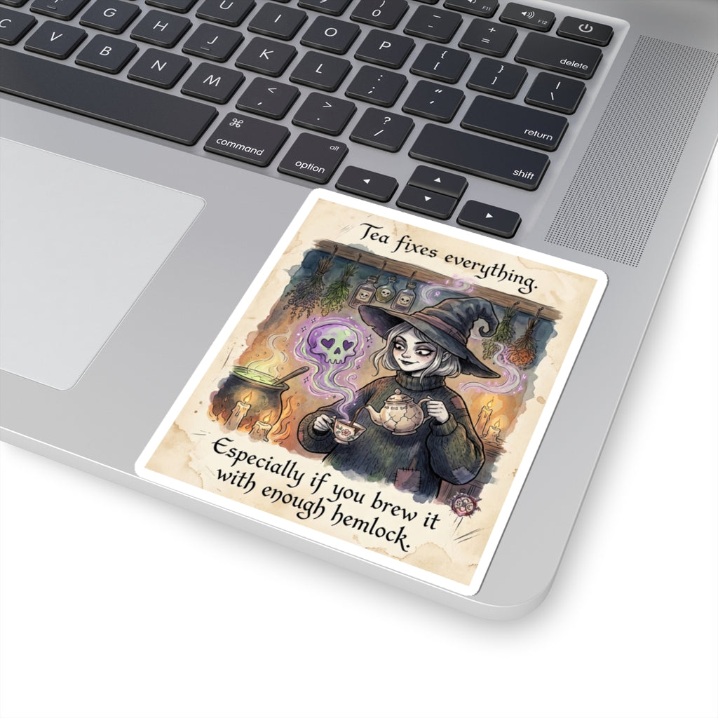 "Tea Fixes Everything" Funny Witch Sticker - Dark Humor Vinyl Decal & Tea Lover Gift