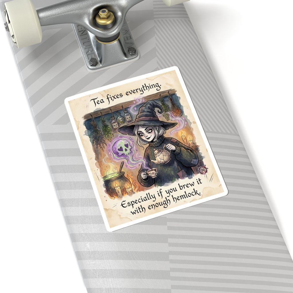 "Tea Fixes Everything" Funny Witch Sticker - Dark Humor Vinyl Decal & Tea Lover Gift