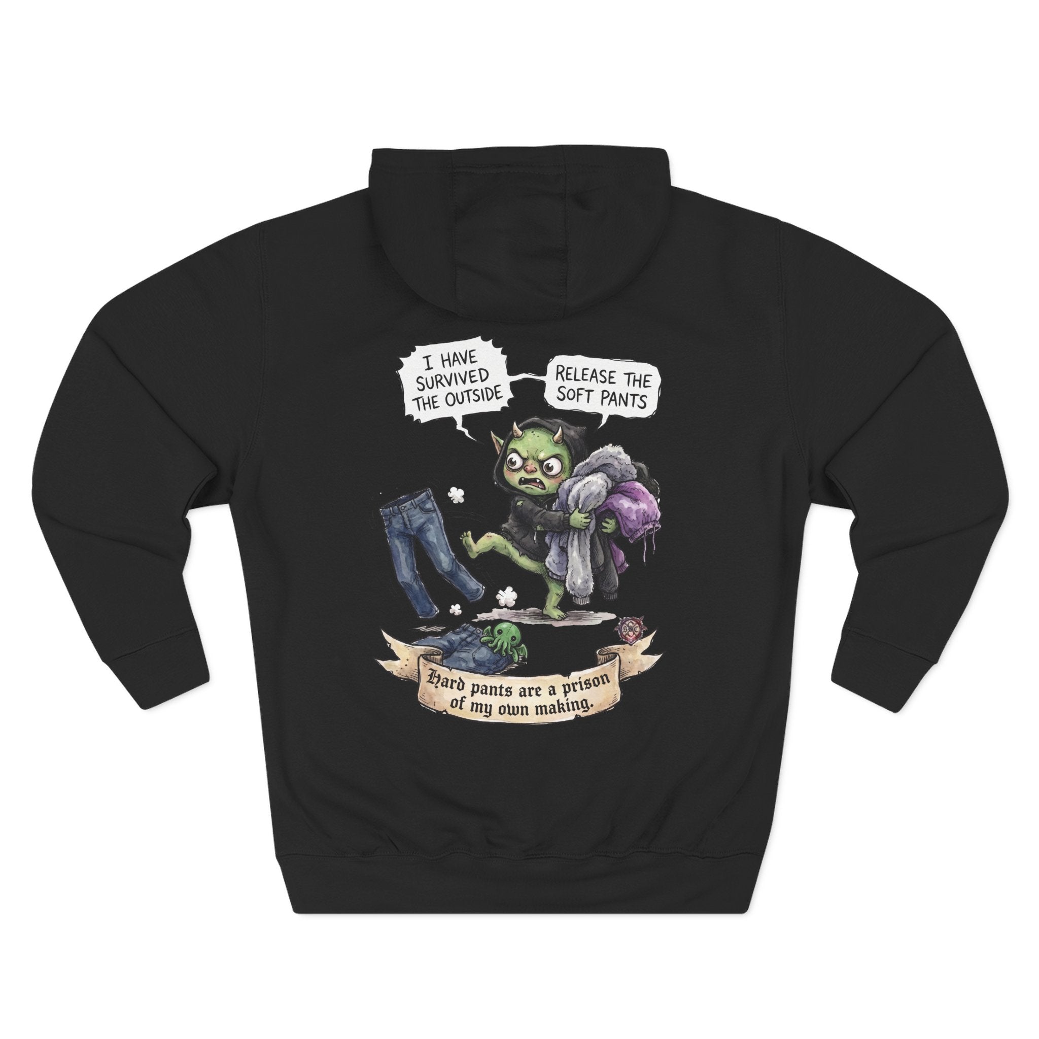 "Soft Pants" Comfortable Fleece Hoodie - Whimsical Goblin Graphic Print & Ultra-Soft Kangaroo Pocket