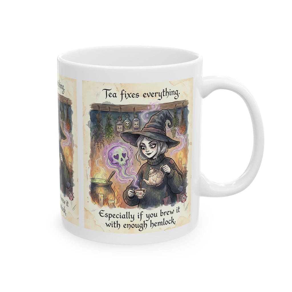 "Tea Fixes Everything" Mug  - Funny Witchy Coffee Cup with Hemlock Quote & Dark Humor Art