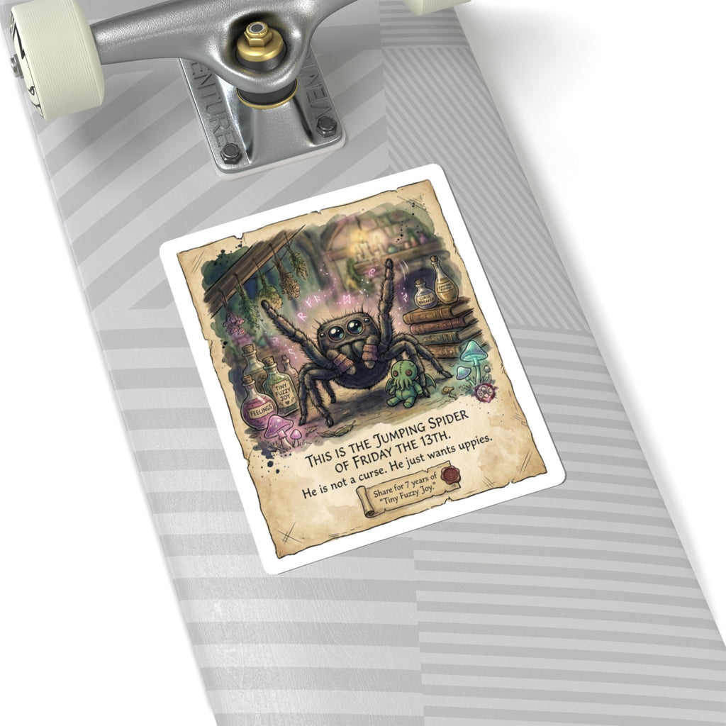 "Tiny Fuzzy Joy" Funny Spider Sticker - Friday the 13th Vinyl Decal & Spooky Cute Gift