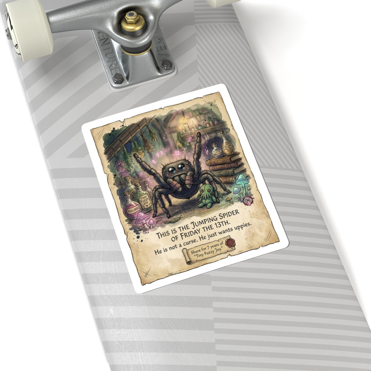 "Tiny Fuzzy Joy" Funny Spider Sticker - Friday the 13th Vinyl Decal & Spooky Cute Gift