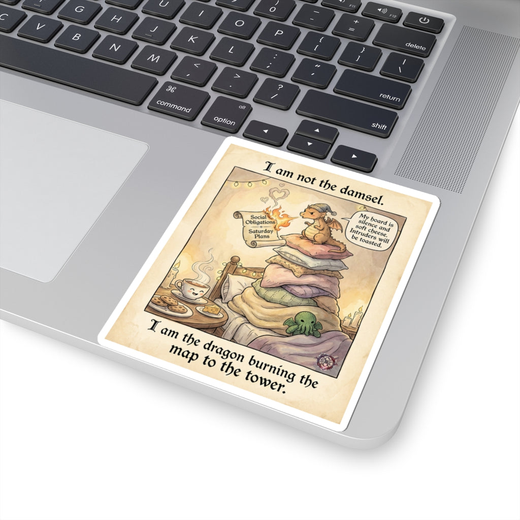 "Not The Damsel" Funny Dragon Sticker - Introvert Vinyl Decal & Fantasy Art