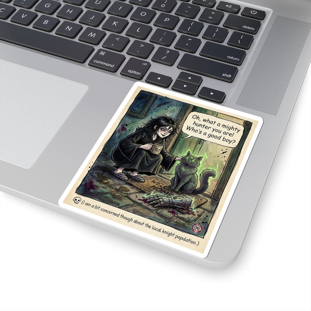 "Mighty Hunter" Funny Cat Sticker - Dark Humor Vinyl Decal & Pet Gift