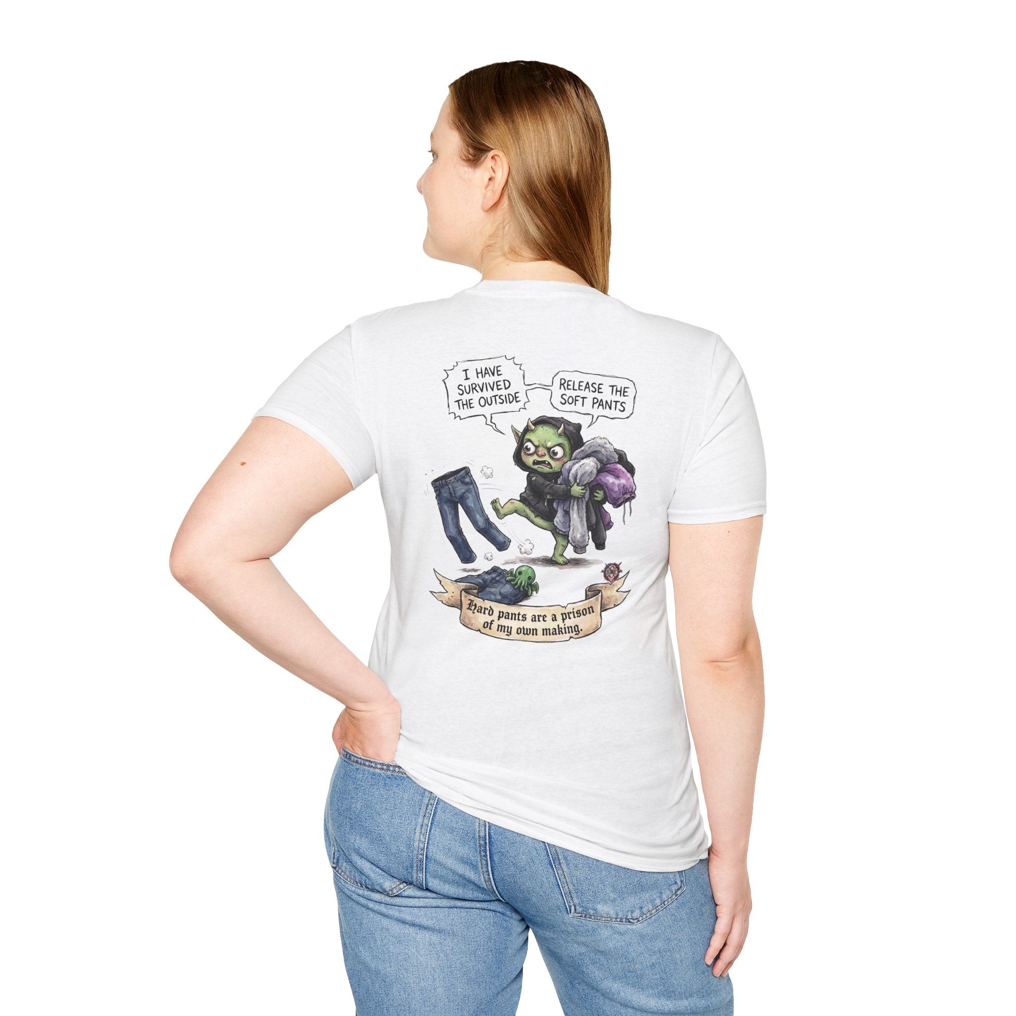 "Soft Pants" Funny Whimsical Graphic Tee - Comfort-First Cotton T-Shirt & High-Quality Back Print