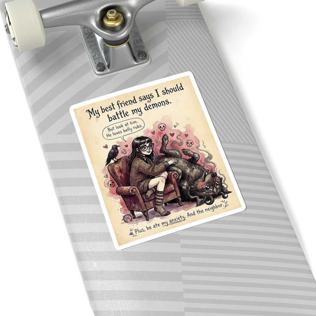 "Demon Belly Rubs" Funny Mental Health Sticker - Wholesome Horror Vinyl Decal & Anxiety Gift