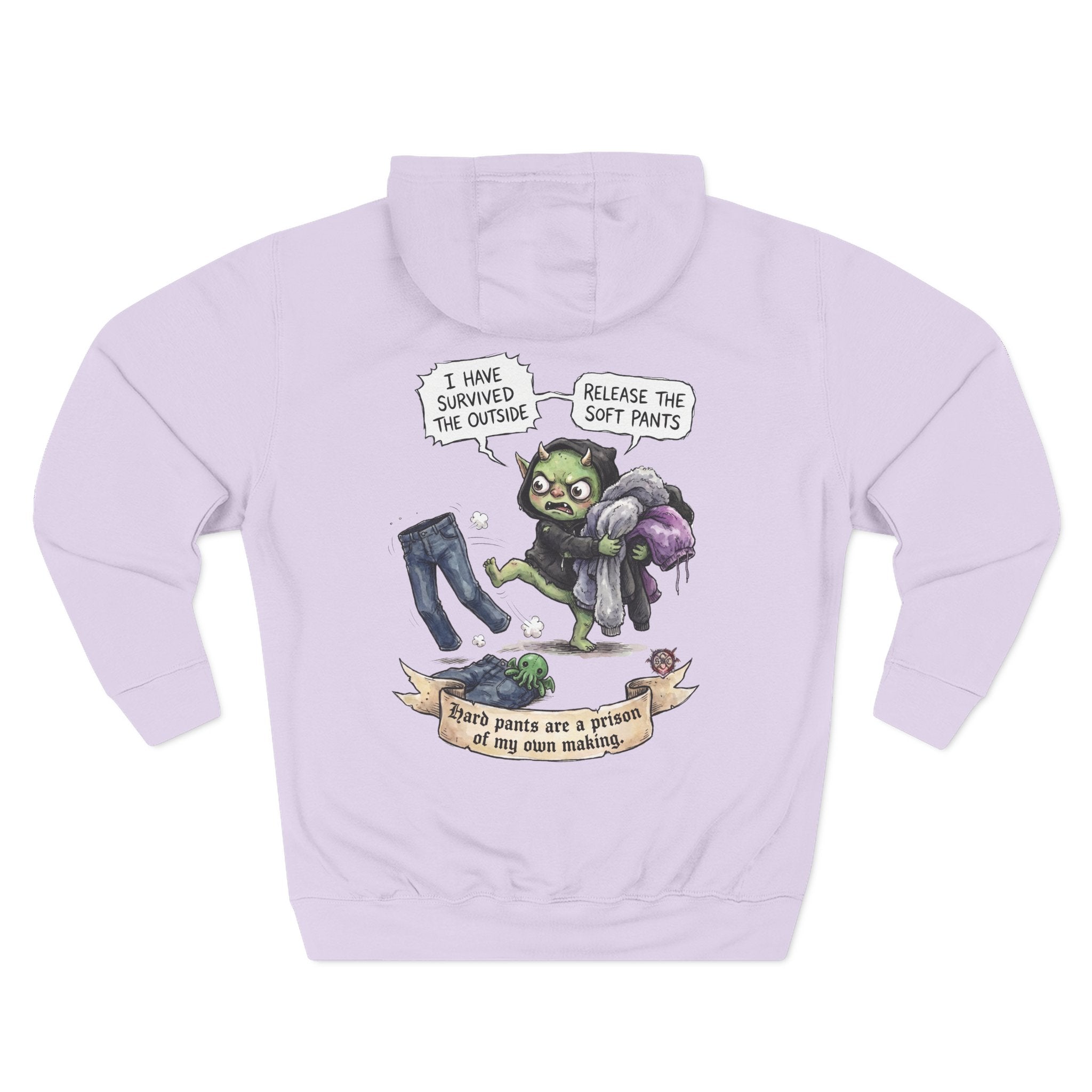 "Soft Pants" Comfortable Fleece Hoodie - Whimsical Goblin Graphic Print & Ultra-Soft Kangaroo Pocket