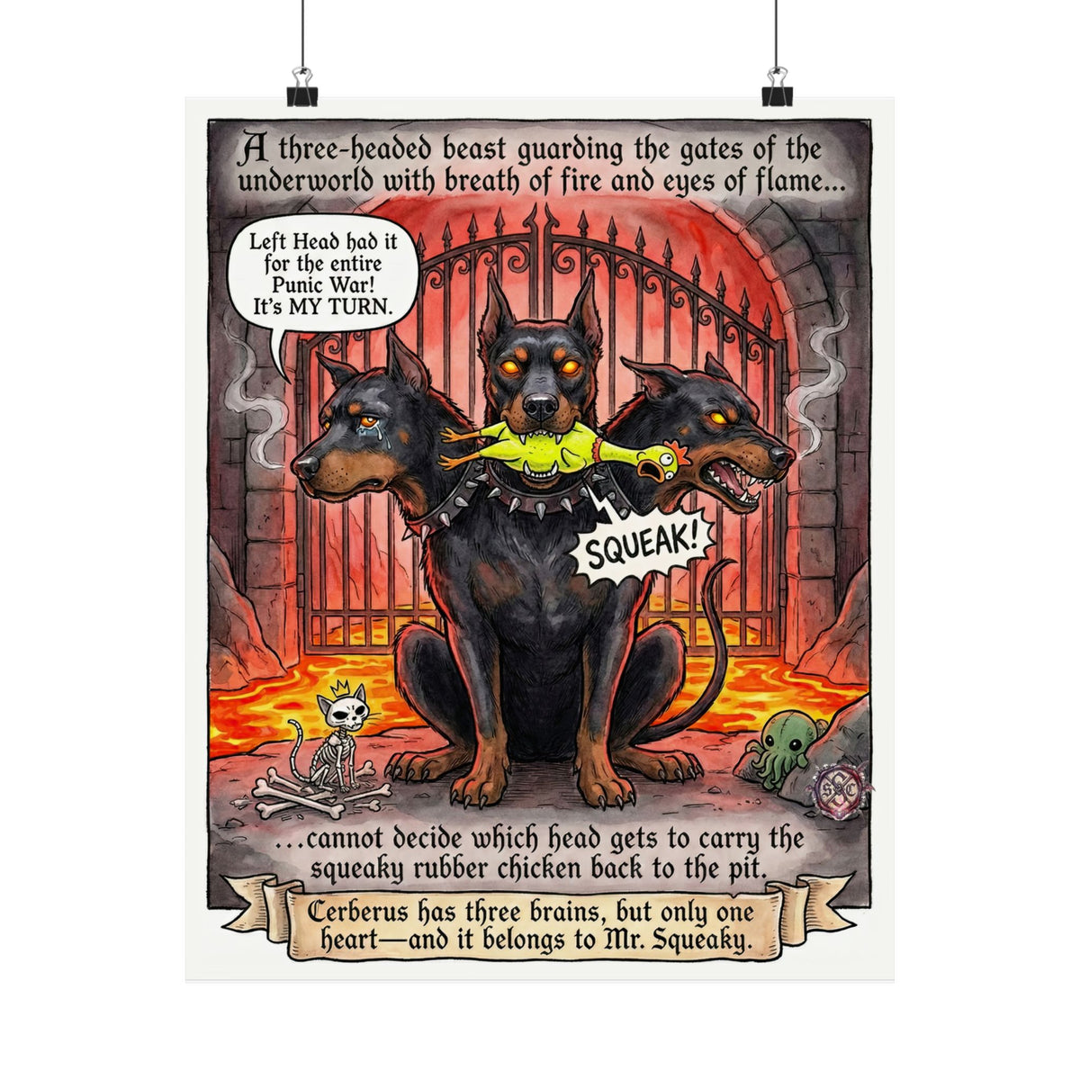 Funny "Mr. Squeaky" Cerberus Matte Poster - Dark Humor Home Decor & Archival Quality Print
