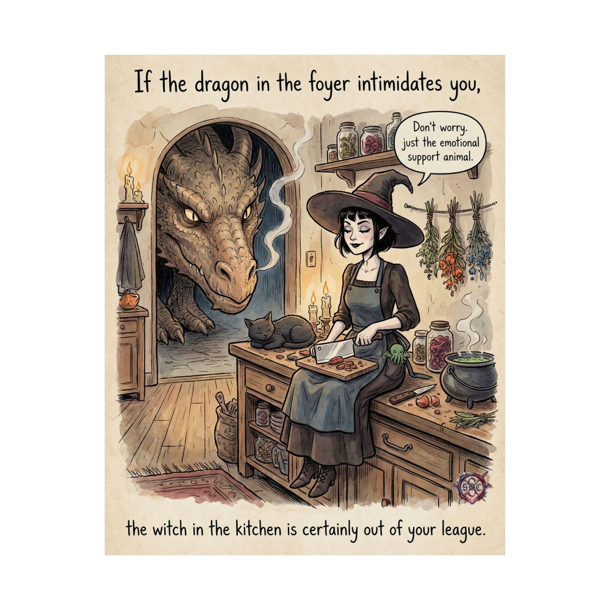 "Witch In The Kitchen" Funny Kitchen Witch Matte Poster - Dragon Home Decor & Goth Wall Art