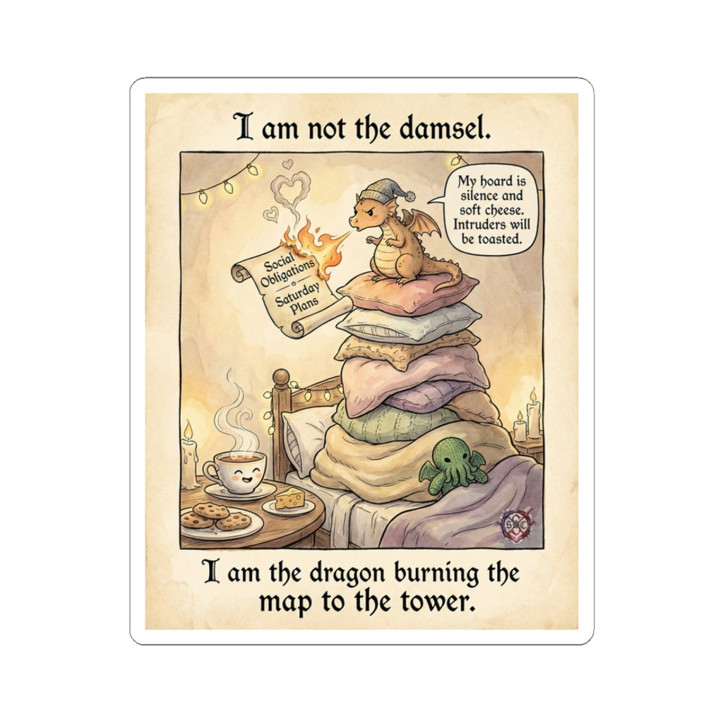 "Not The Damsel" Funny Dragon Sticker - Introvert Vinyl Decal & Fantasy Art