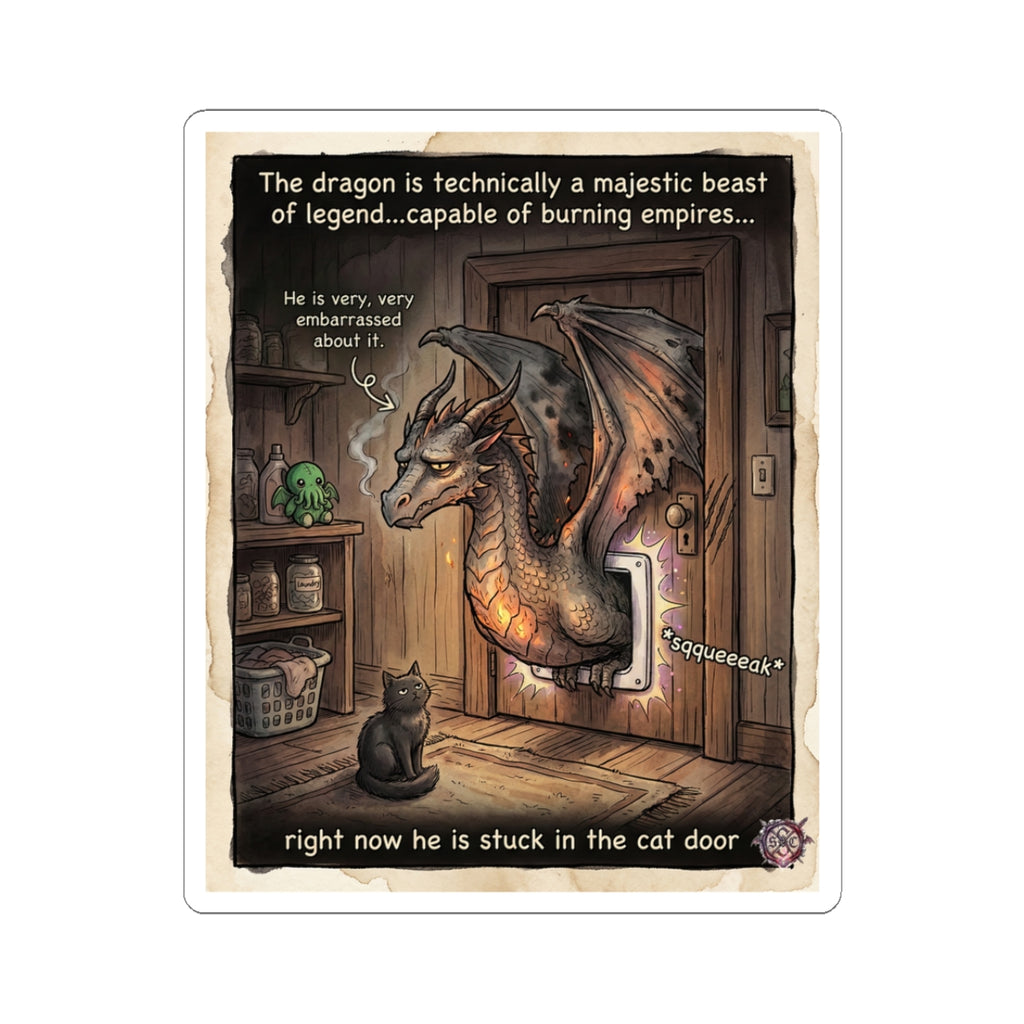 "Majestically Stuck" Funny Dragon Sticker - Fantasy Humor Vinyl Decal & Fantasy Gift
