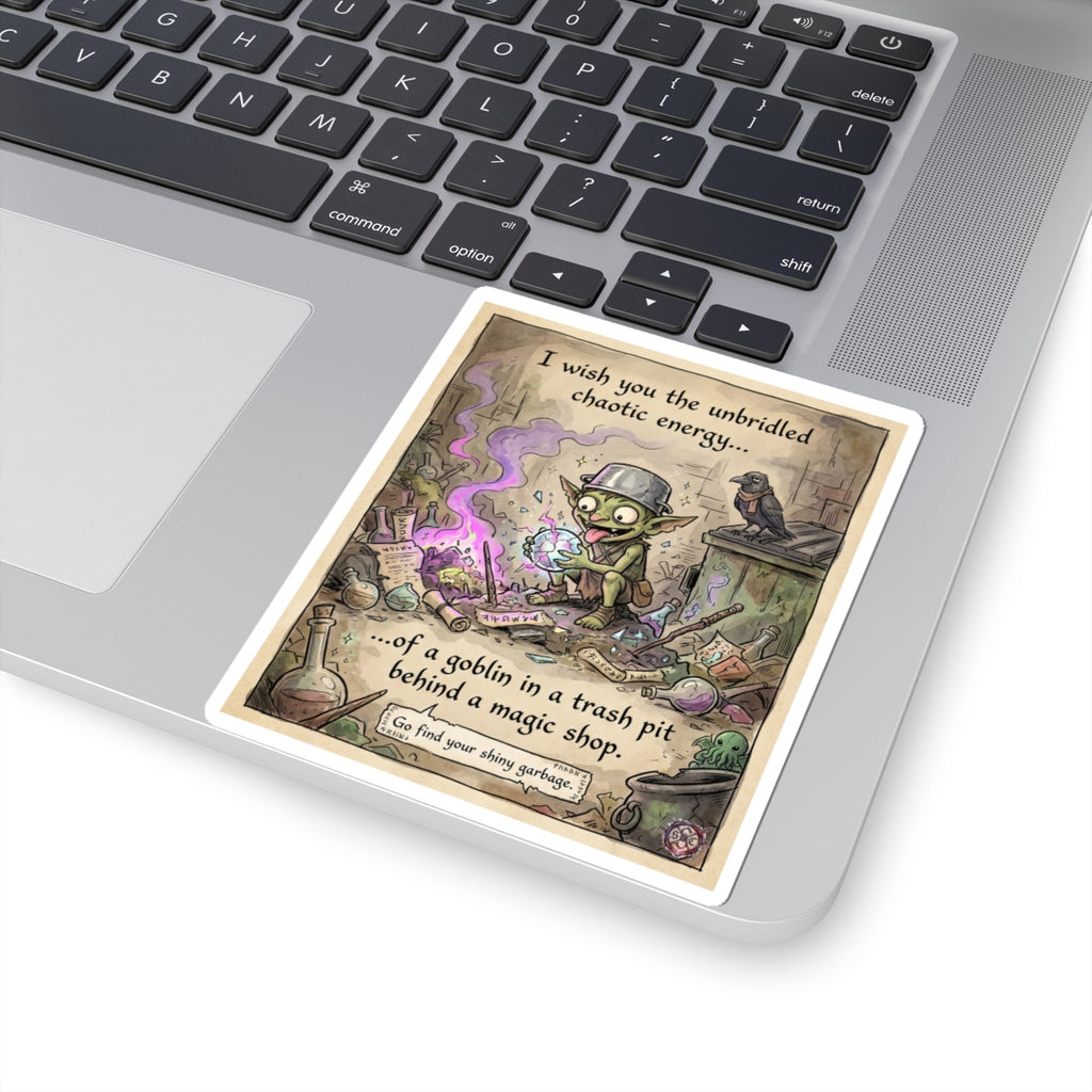"Trash Goblin" Funny Fantasy Sticker - Chaotic Energy Vinyl Decal & Dice Goblin Gift