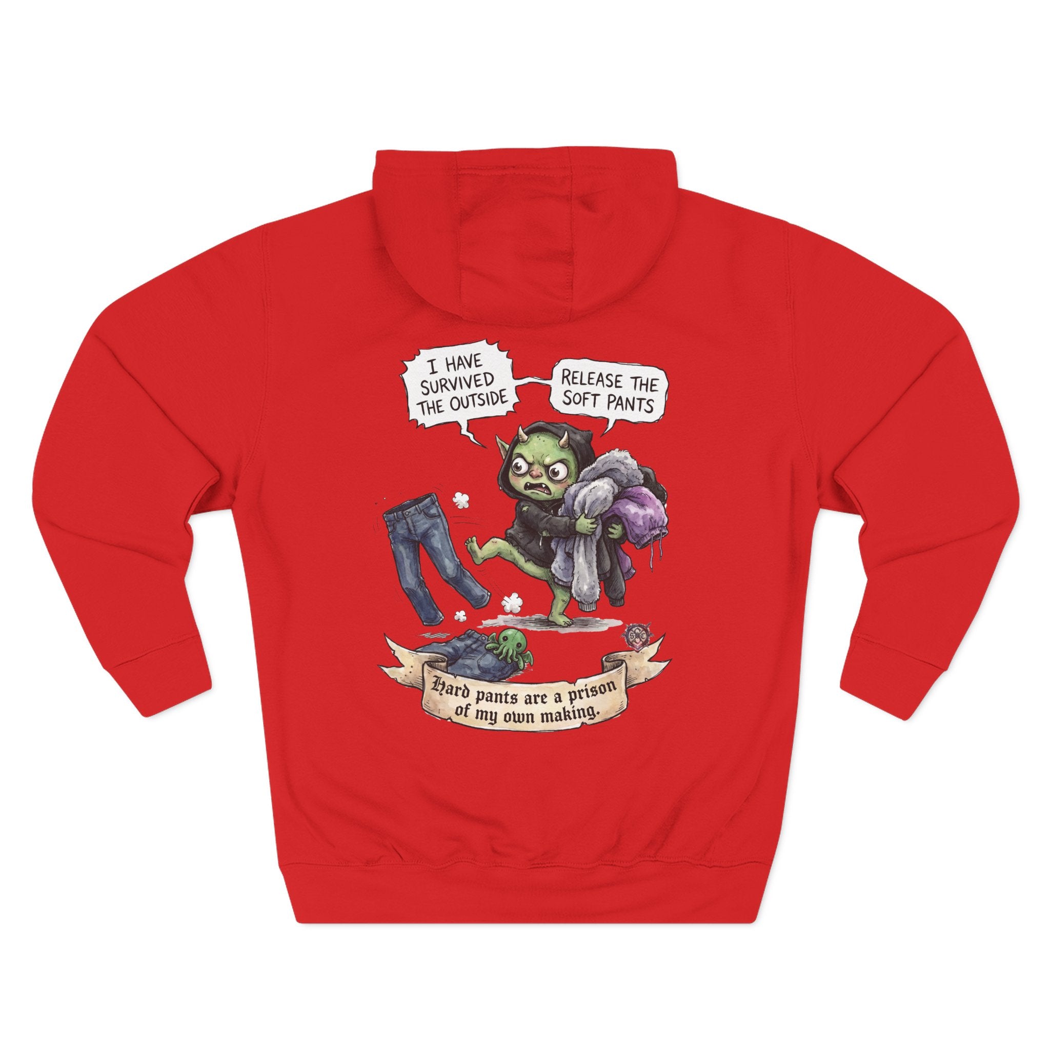 "Soft Pants" Comfortable Fleece Hoodie - Whimsical Goblin Graphic Print & Ultra-Soft Kangaroo Pocket