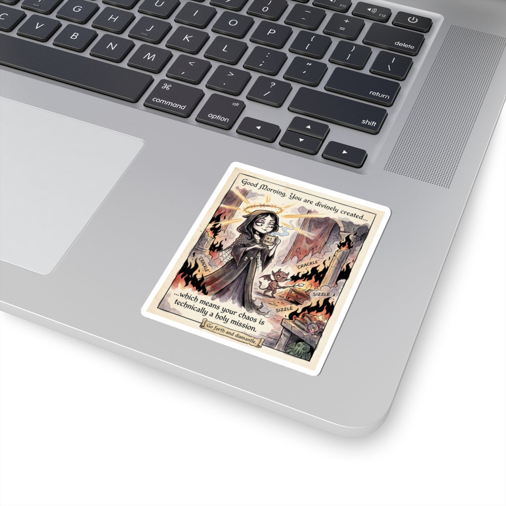 "Divine Chaos" Funny Goth Sticker - Religious Humor Vinyl Decal & Anti-Hero Gift