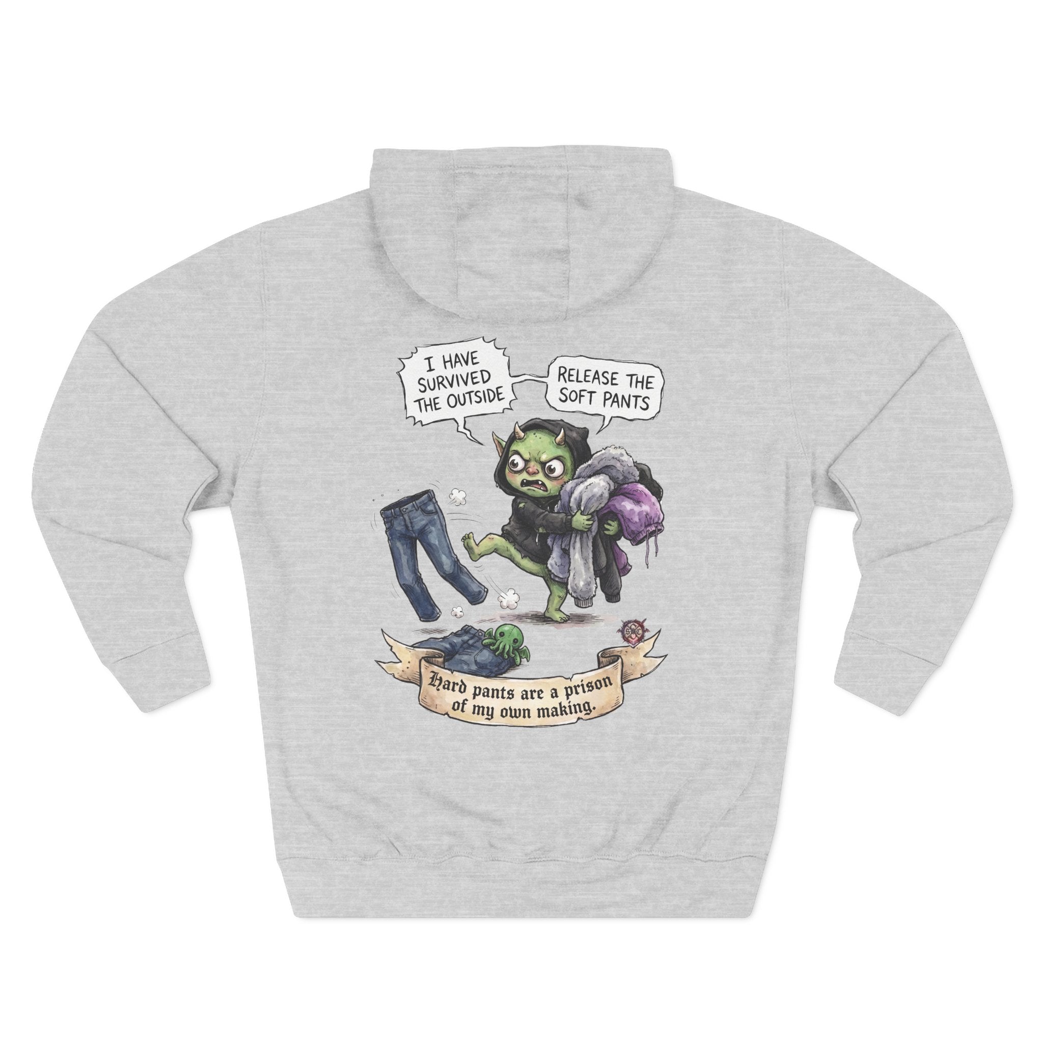"Soft Pants" Comfortable Fleece Hoodie - Whimsical Goblin Graphic Print & Ultra-Soft Kangaroo Pocket