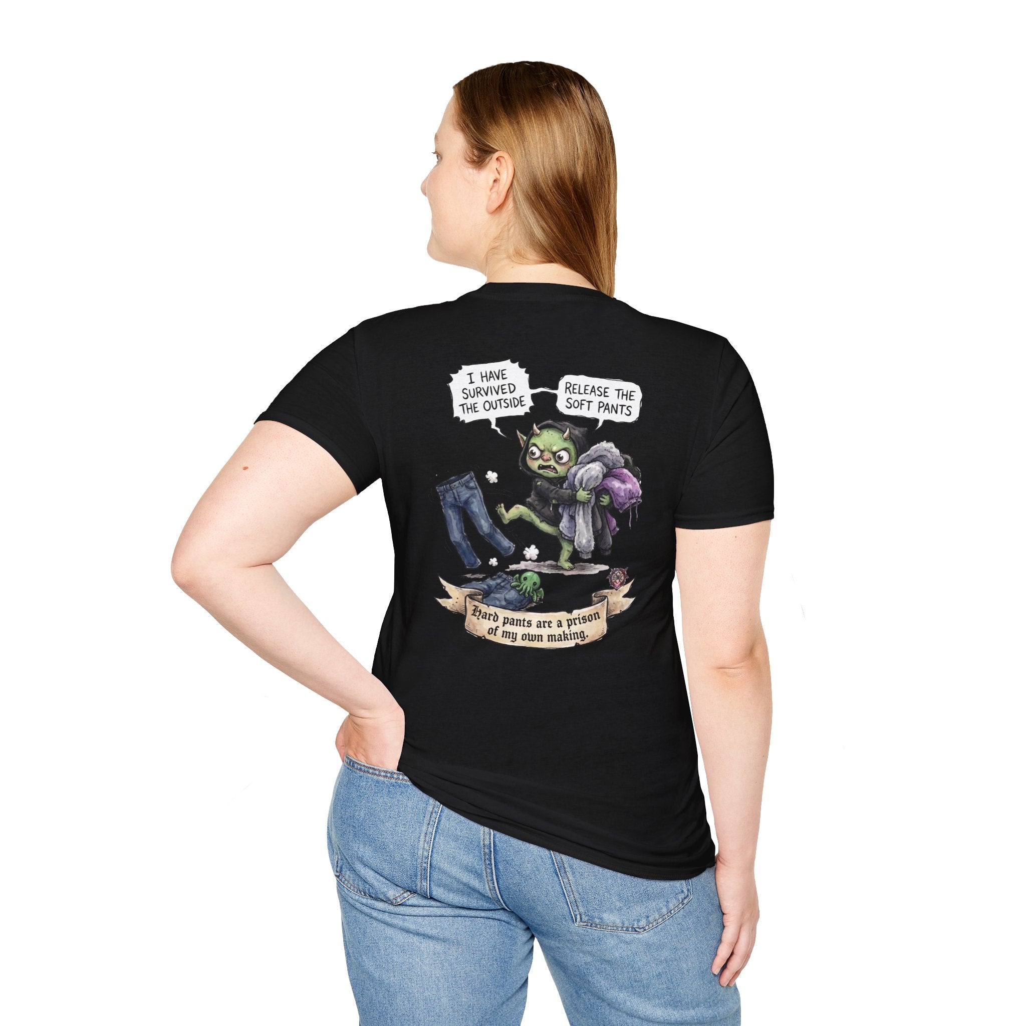 "Soft Pants" Funny Whimsical Graphic Tee - Comfort-First Cotton T-Shirt & High-Quality Back Print