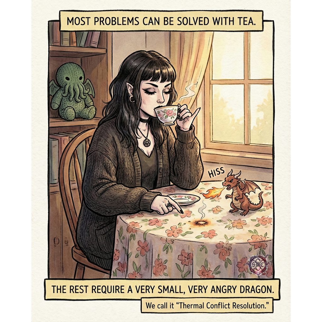 "Thermal Conflict Resolution" Ceramic Mug - Whimsical Goth Witch & Dragon Aesthetic