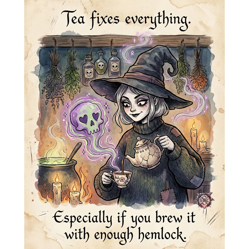 "Tea Fixes Everything" Mug  - Funny Witchy Coffee Cup with Hemlock Quote & Dark Humor Art
