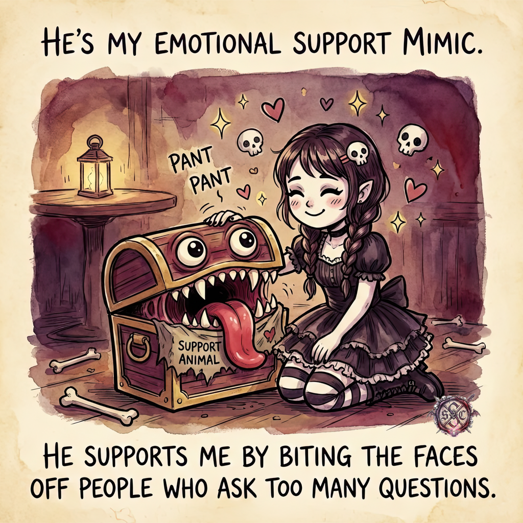 "Emotional Support Mimic" Coffee Cup - Cute Goth Aesthetic Mug & Dark Humor Gift
