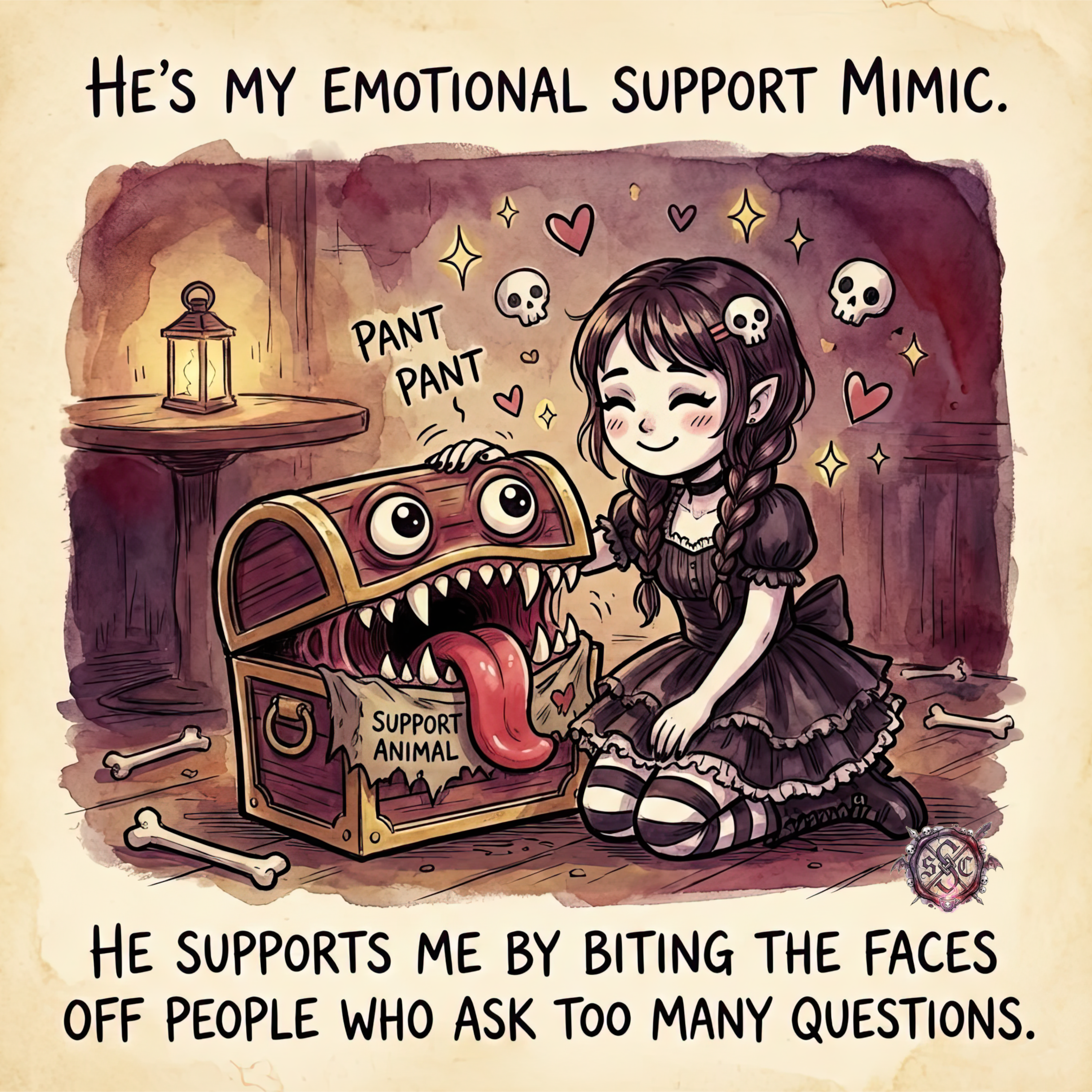 "Emotional Support Mimic" Coffee Cup - Cute Goth Aesthetic Mug & Dark Humor Gift