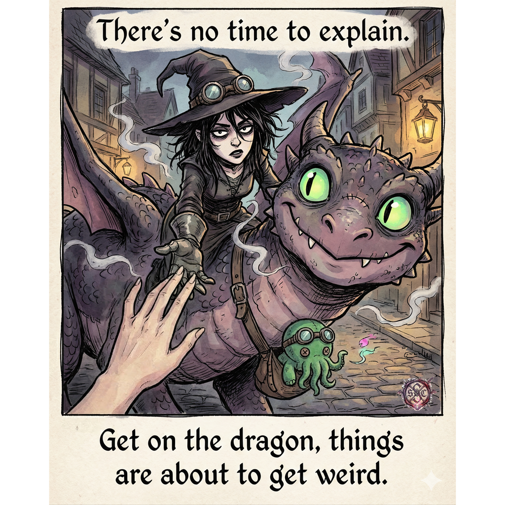 "No Time to Explain" Mug - Whimsical Witch & Dragon Coffee Cup for Goth Aesthetic