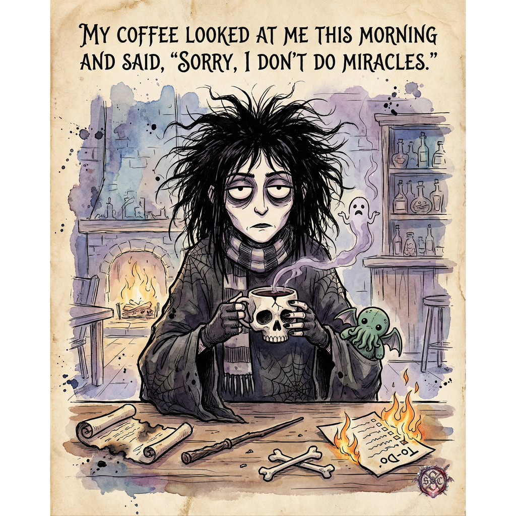 "Sorry I Don't Do Miracles" Funny Goth Witch Mug - Whimsical Dark Humor Coffee Cup & Gift