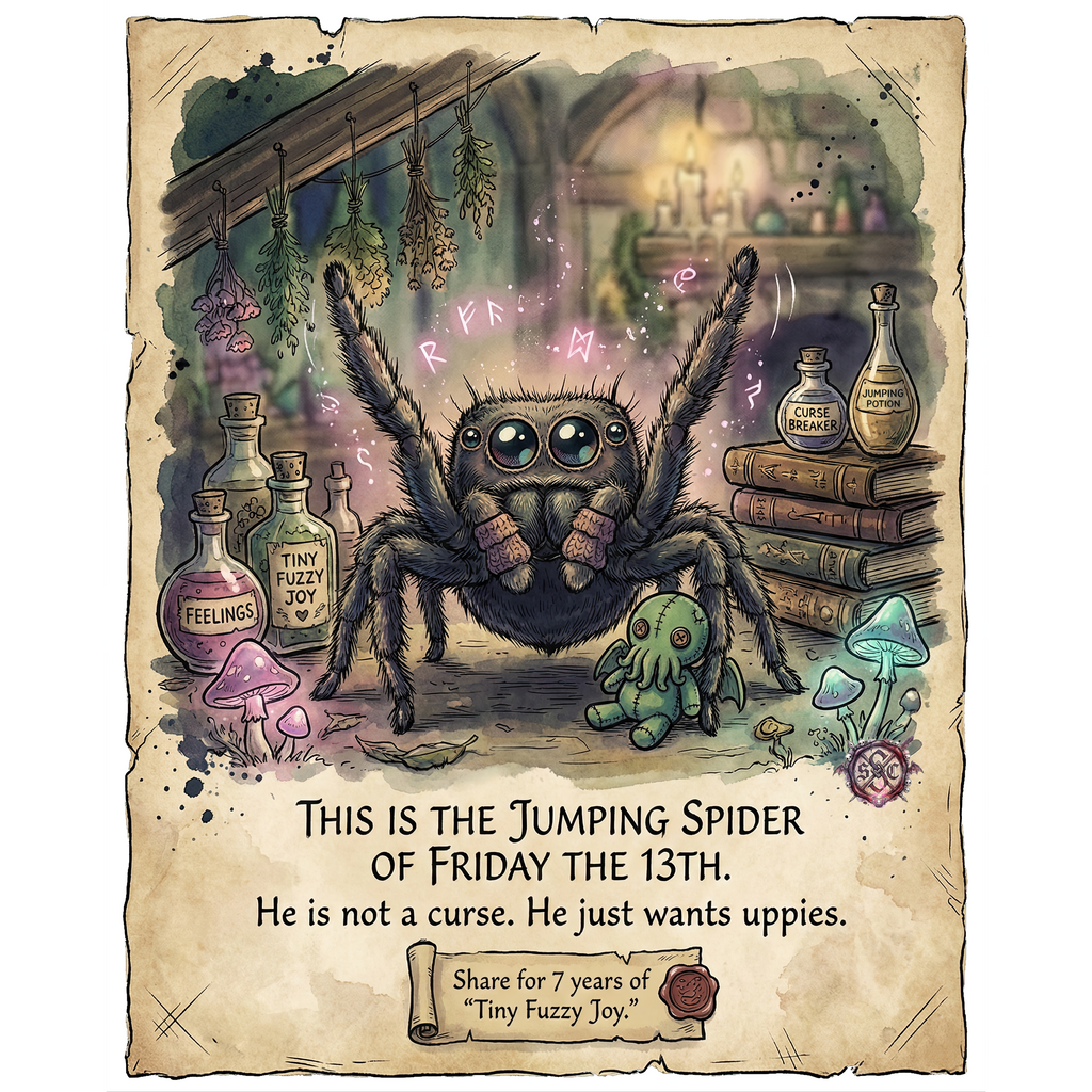 "Tiny Fuzzy Joy" Mug - Whimsical Witchy Art Coffee Cup for Friday the 13th & Arachnid Lovers