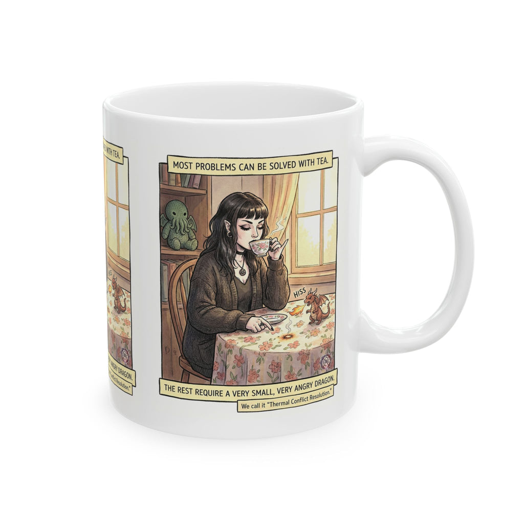"Thermal Conflict Resolution" Ceramic Mug - Whimsical Goth Witch & Dragon Aesthetic