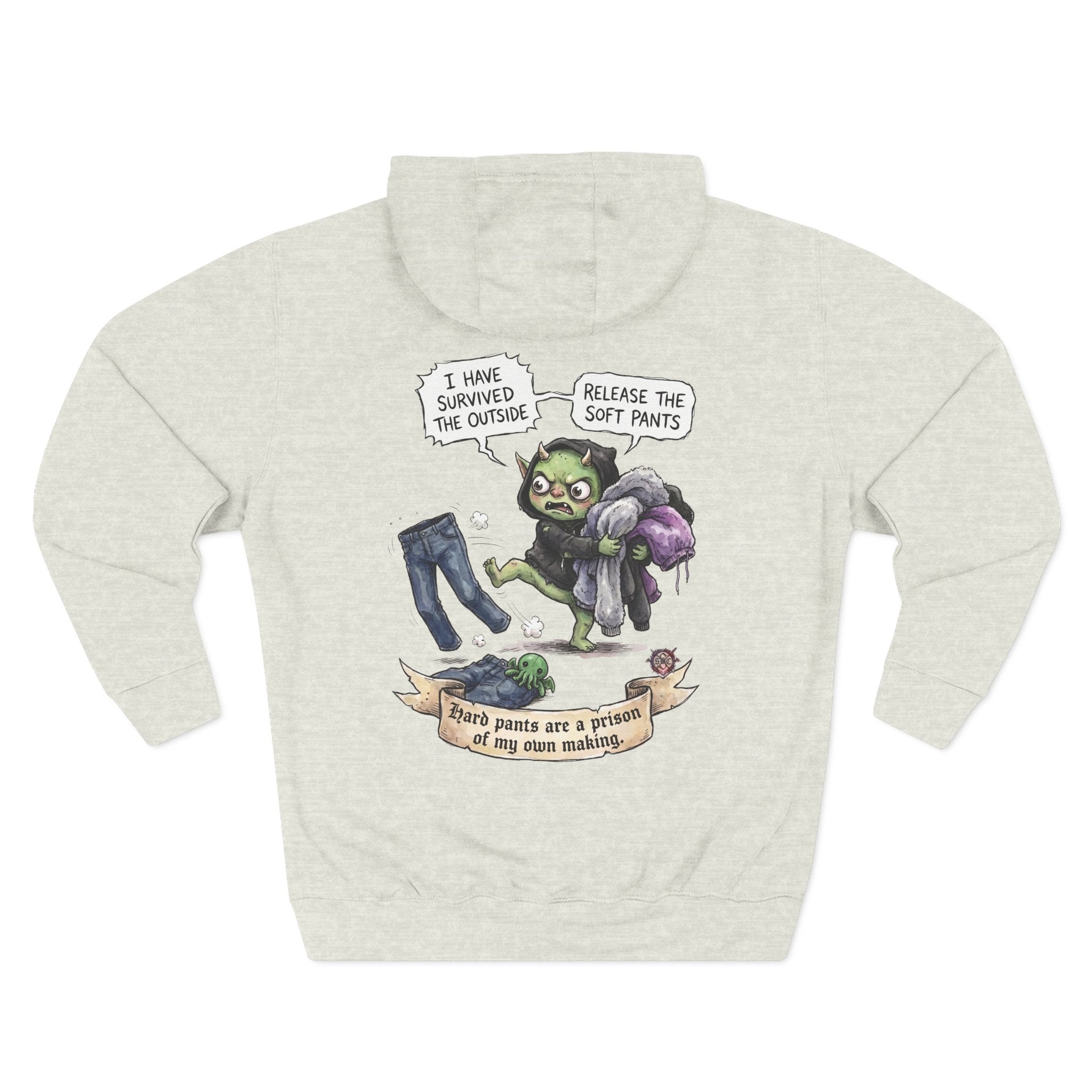 "Soft Pants" Comfortable Fleece Hoodie - Whimsical Goblin Graphic Print & Ultra-Soft Kangaroo Pocket