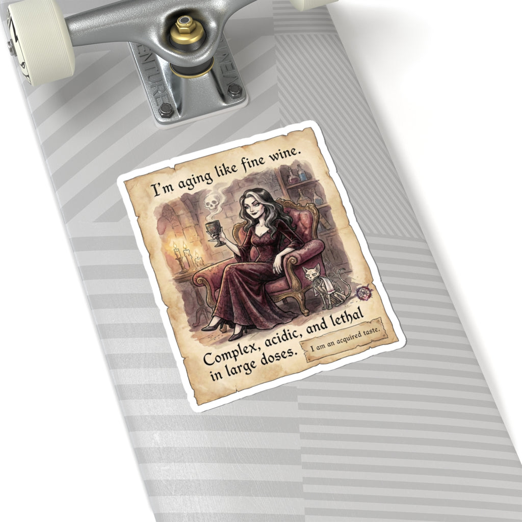 "Aging Like Fine Wine" Funny Gothic Sticker - Dark Humor Vinyl Decal & Witchy Gift