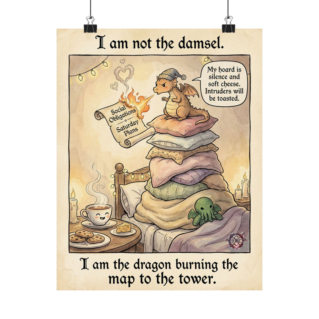 "Not the Damsel" Funny Introvert Matte Poster - Cozy Dragon Art & Goth Decor