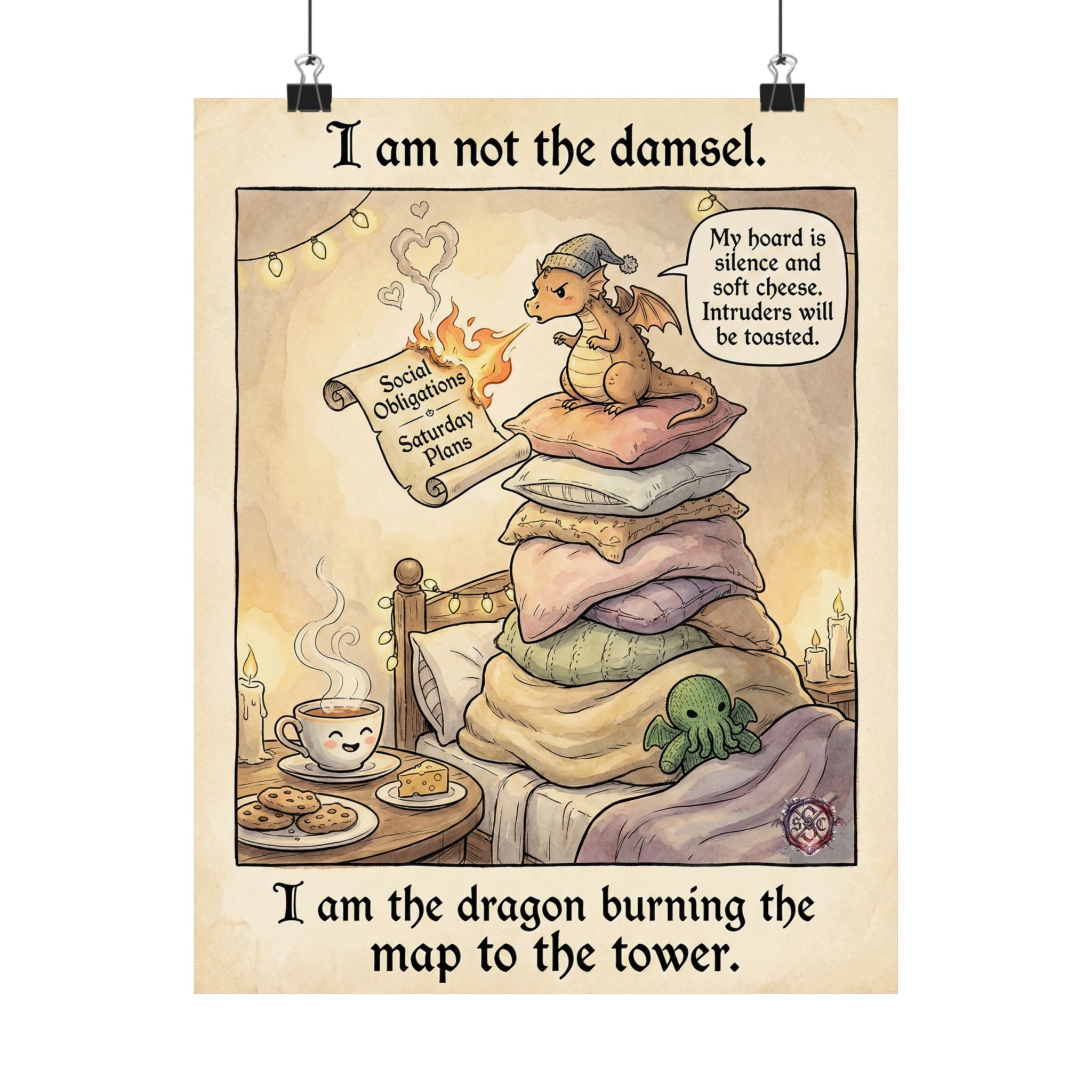 "Not the Damsel" Funny Introvert Matte Poster - Cozy Dragon Art & Goth Decor