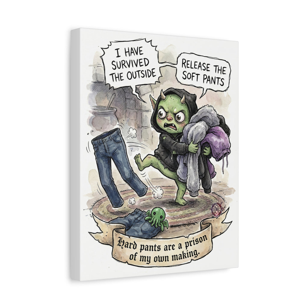 "Soft Pants" Whimsical Goblin Wall Art - Premium Canvas Print & Eco-Friendly Pine Frame