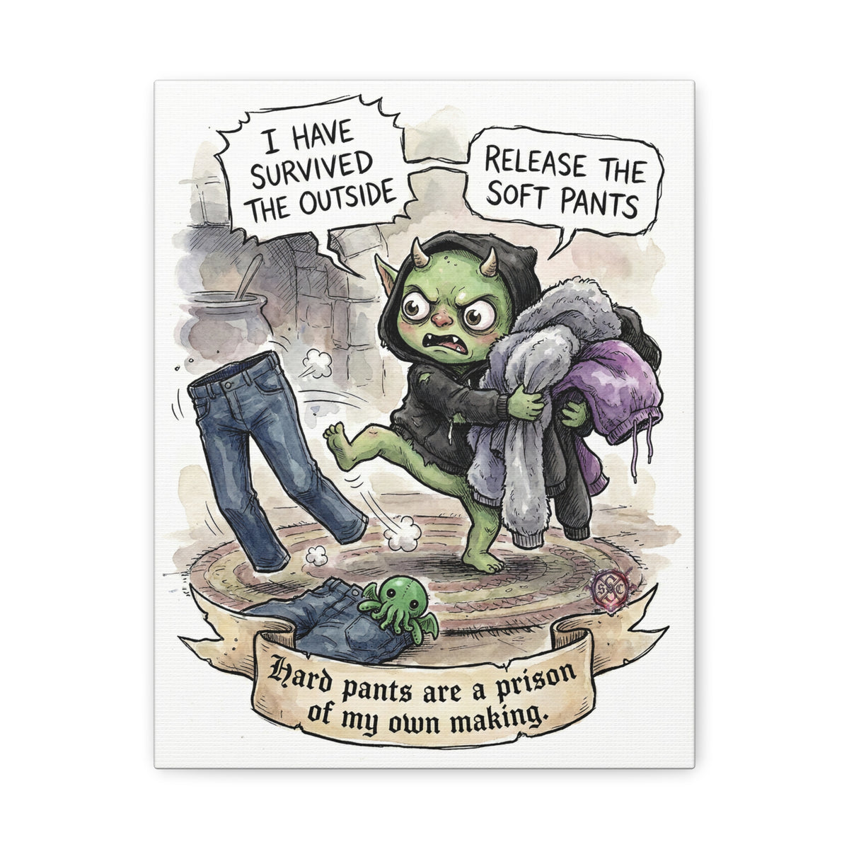 "Soft Pants" Whimsical Goblin Wall Art - Premium Canvas Print & Eco-Friendly Pine Frame