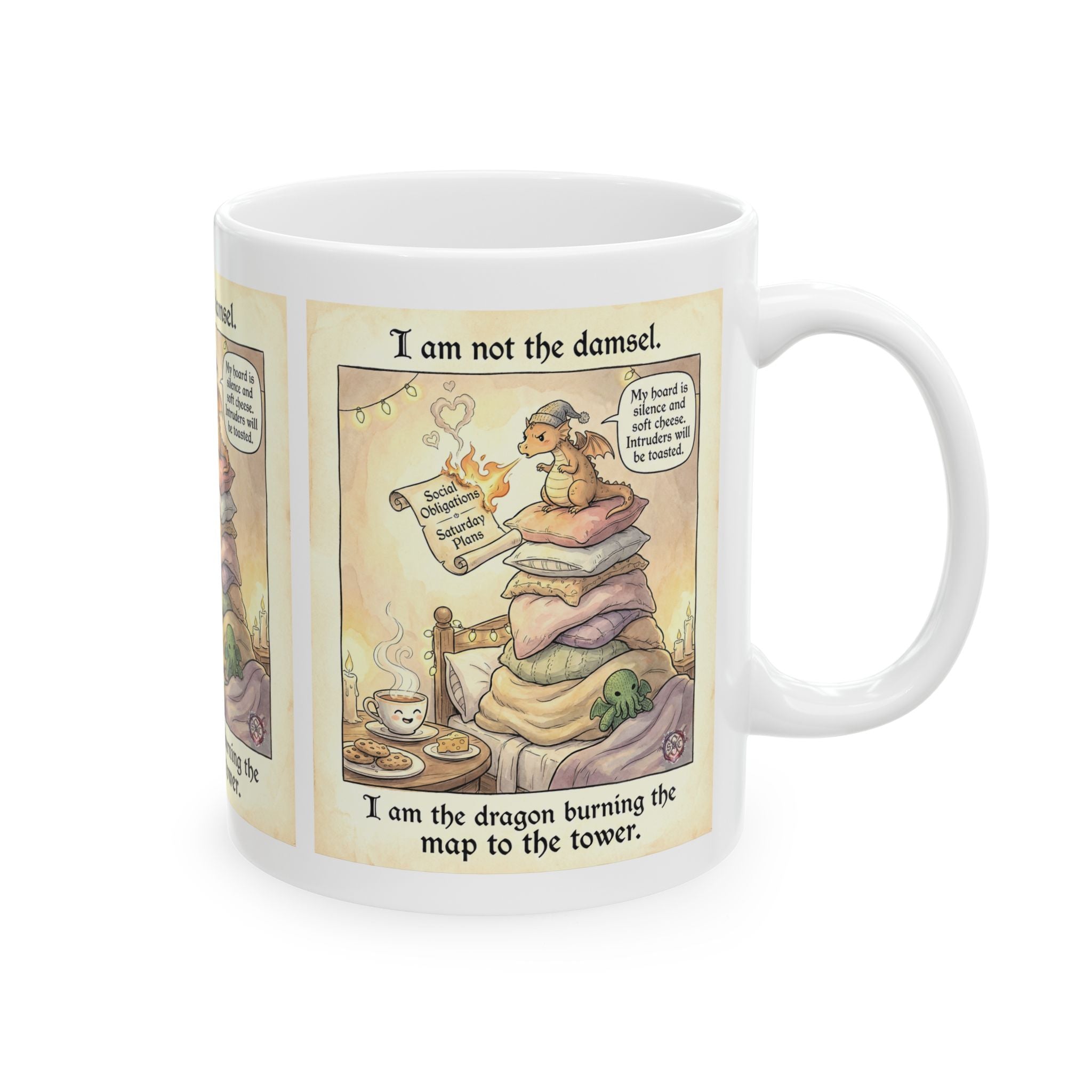 "Not The Damsel" Mug  - Funny Coffee Cup for Homebodies & Cheese Lovers