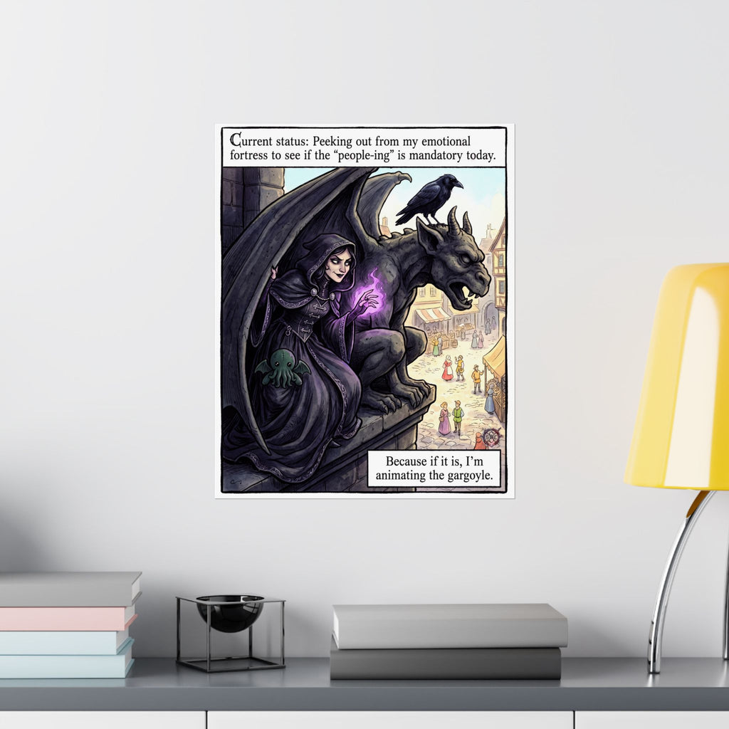 Funny "Emotional Fortress" Gargoyle Matte Poster - Dark Humor Home Decor & Archival Quality Print