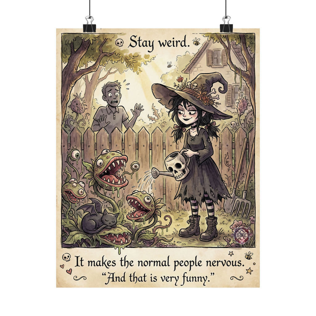 "Stay Weird" Funny Witch Matte Poster - Goth Garden Art & Spooky Decor