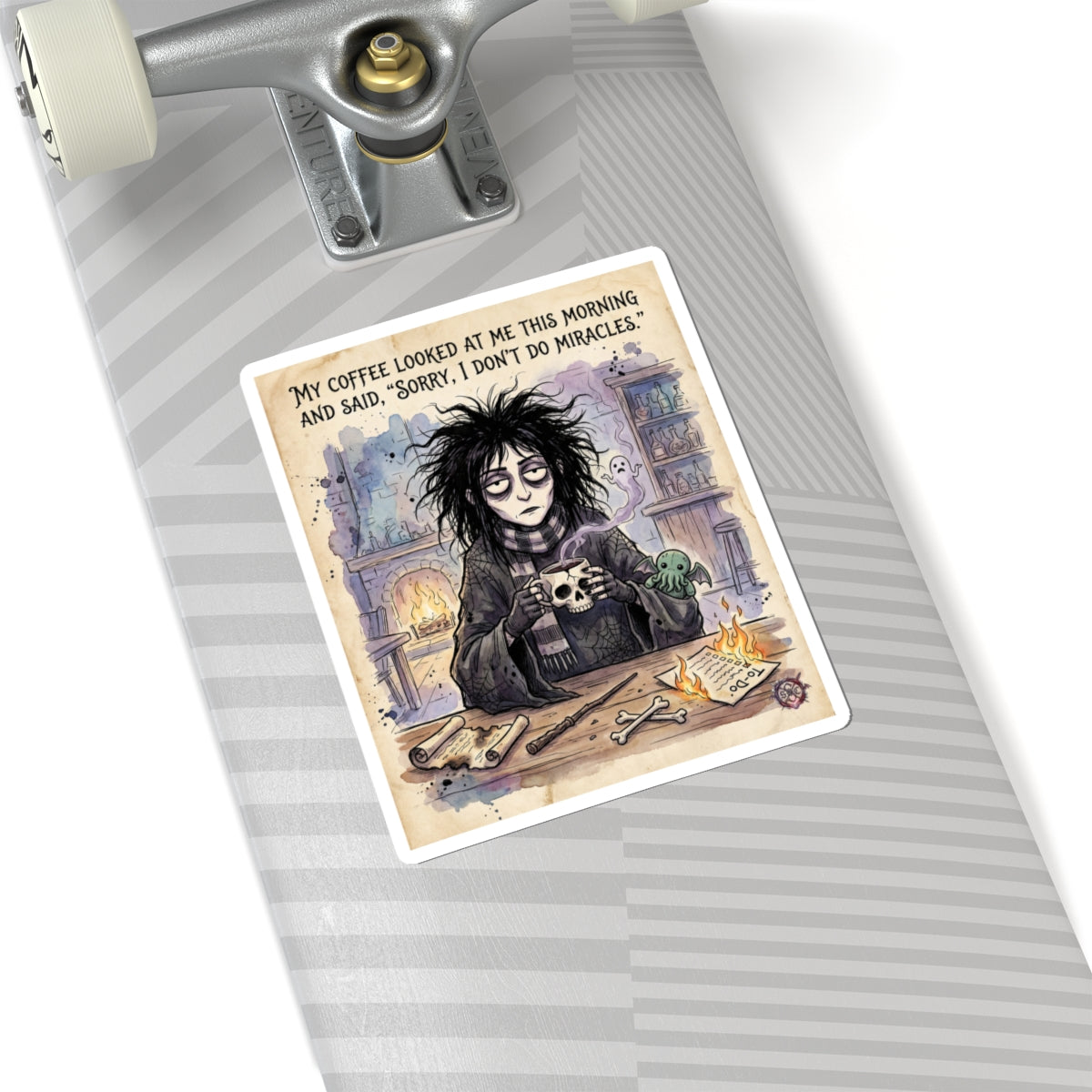 "Sorry I Don't Do Miracles" Funny Witch Sticker - Coffee Humor Vinyl Decal & Burnout Gift