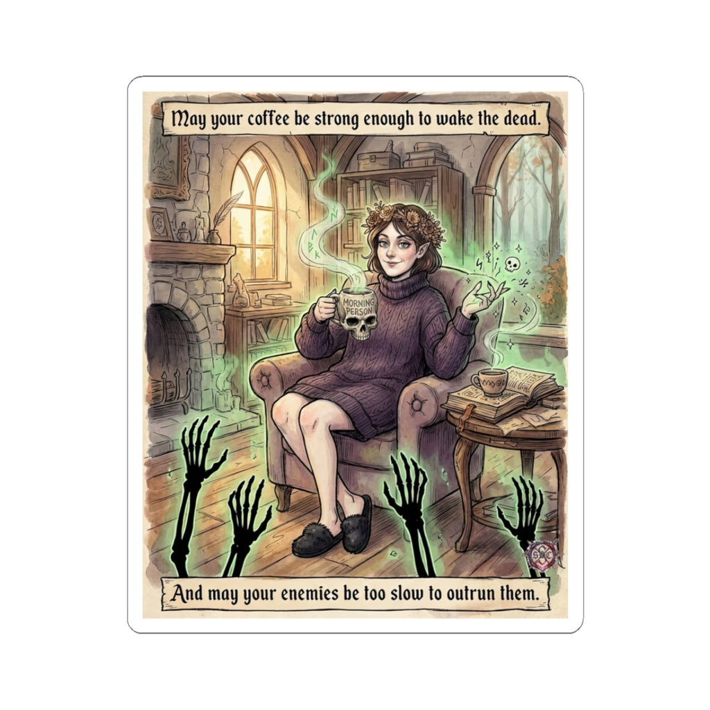 "Wake The Dead" Funny Witch Sticker - Coffee Lover Vinyl Decal & Goth Gift