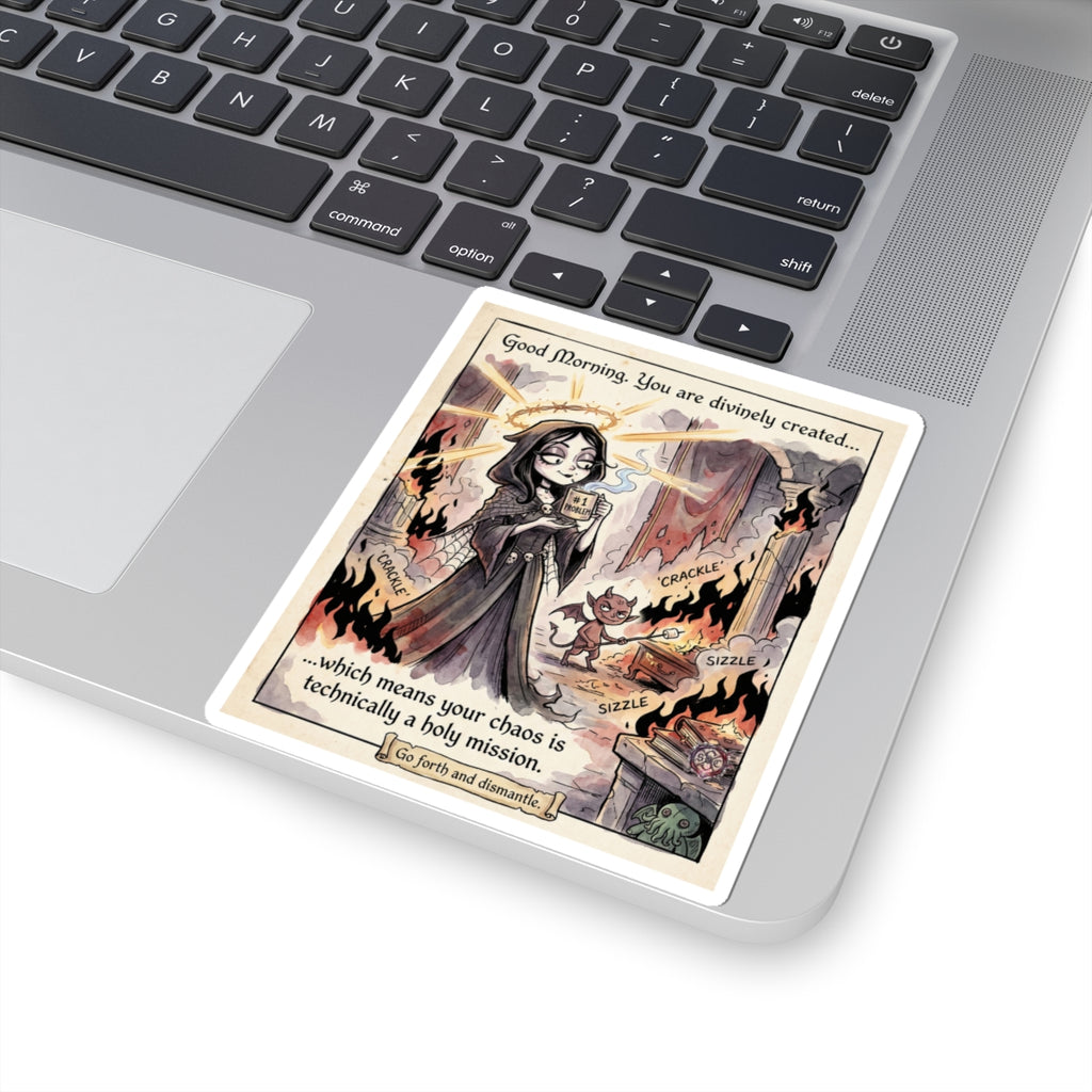 "Divine Chaos" Funny Goth Sticker - Religious Humor Vinyl Decal & Anti-Hero Gift