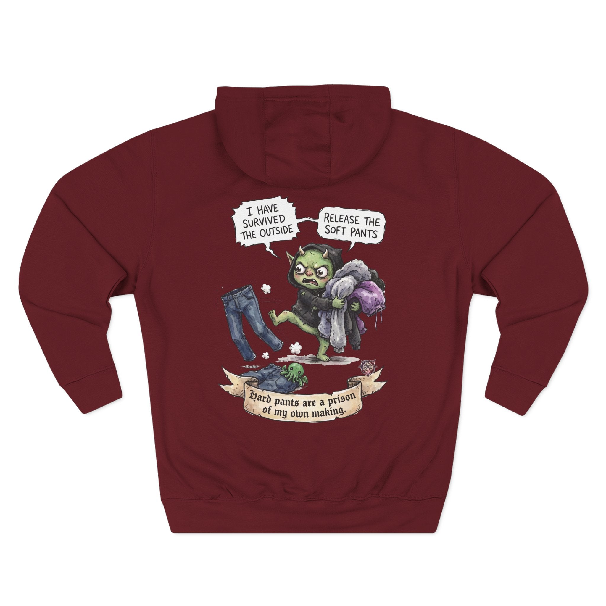"Soft Pants" Comfortable Fleece Hoodie - Whimsical Goblin Graphic Print & Ultra-Soft Kangaroo Pocket