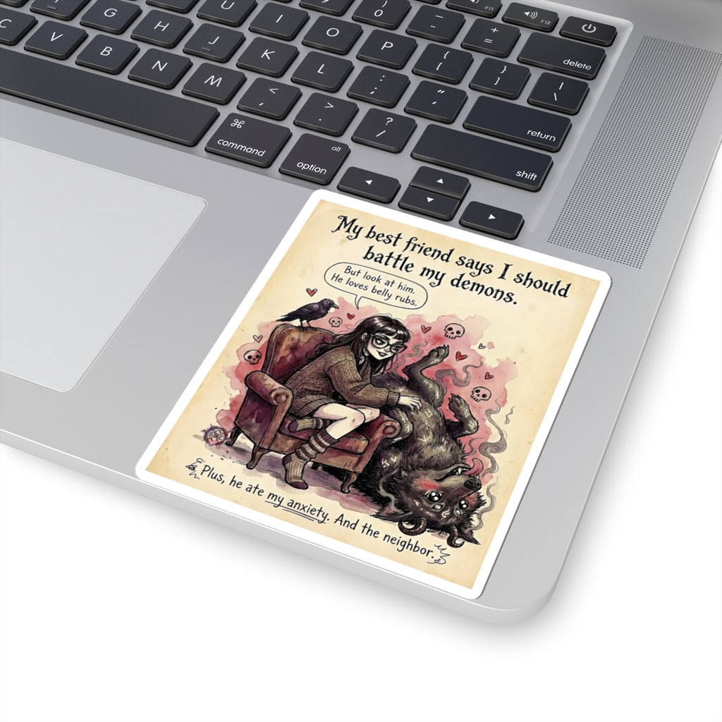 "Demon Belly Rubs" Funny Mental Health Sticker - Wholesome Horror Vinyl Decal & Anxiety Gift