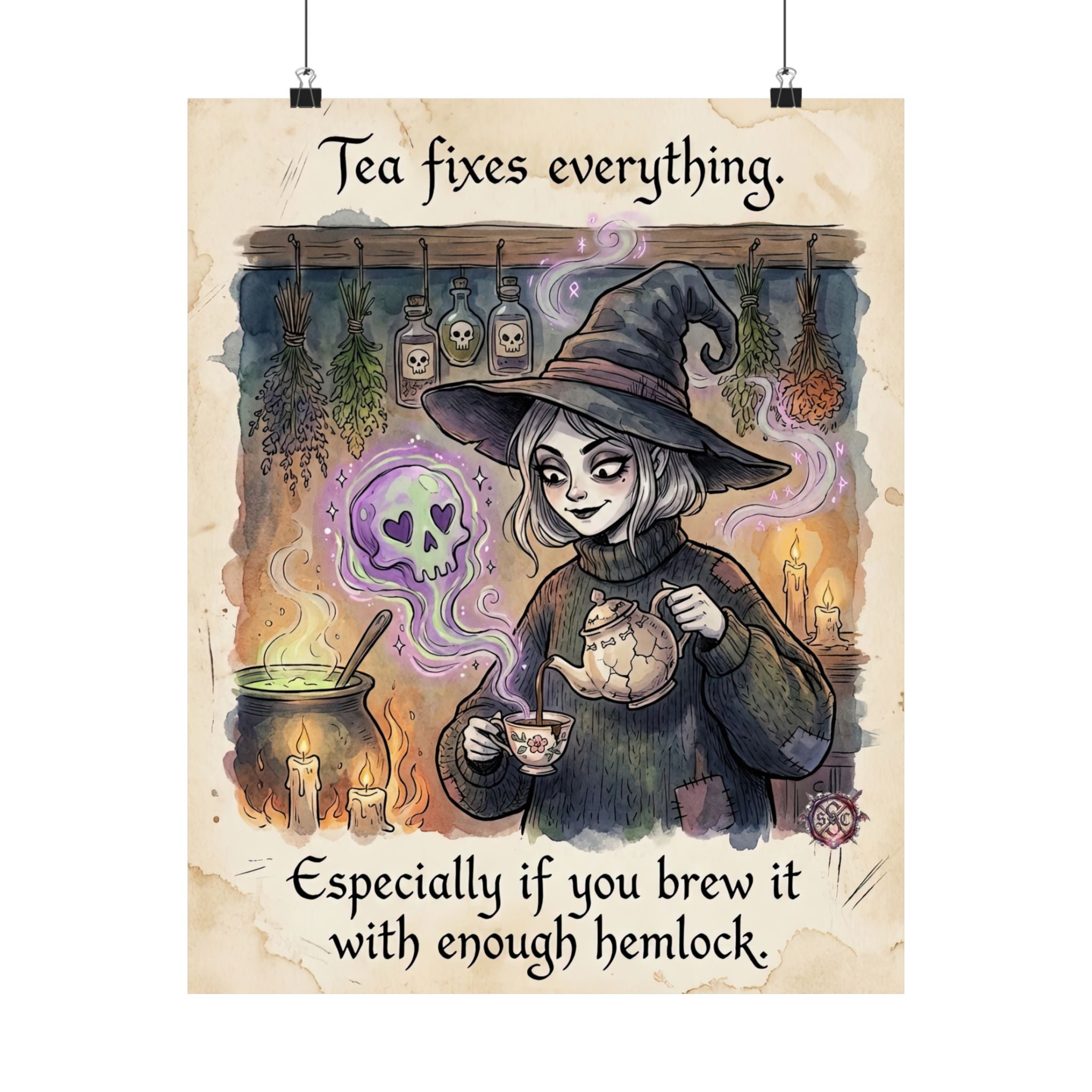 "Tea Fixes Everything" Witchy Matte Paper Poster for Dark Humor Home Decor