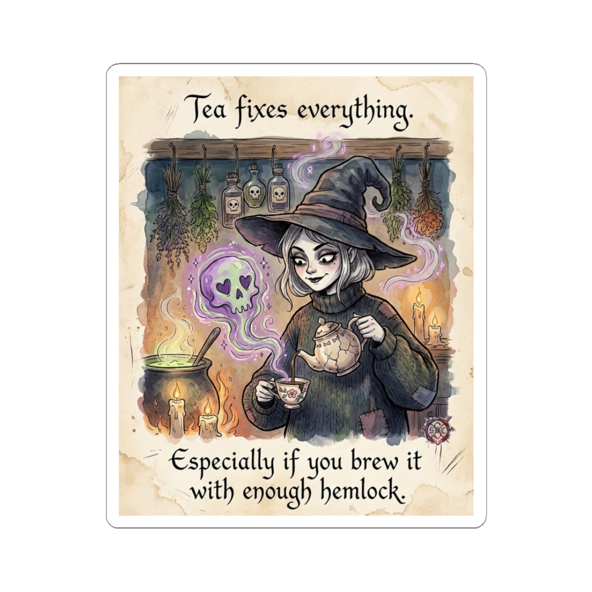 "Tea Fixes Everything" Funny Witch Sticker - Dark Humor Vinyl Decal & Tea Lover Gift